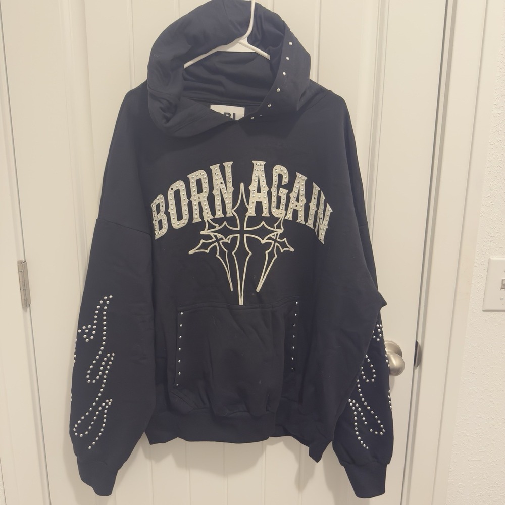 RBL By Rebel Minds Unisex Black Hooded Studded Sweatshirt See Measurements